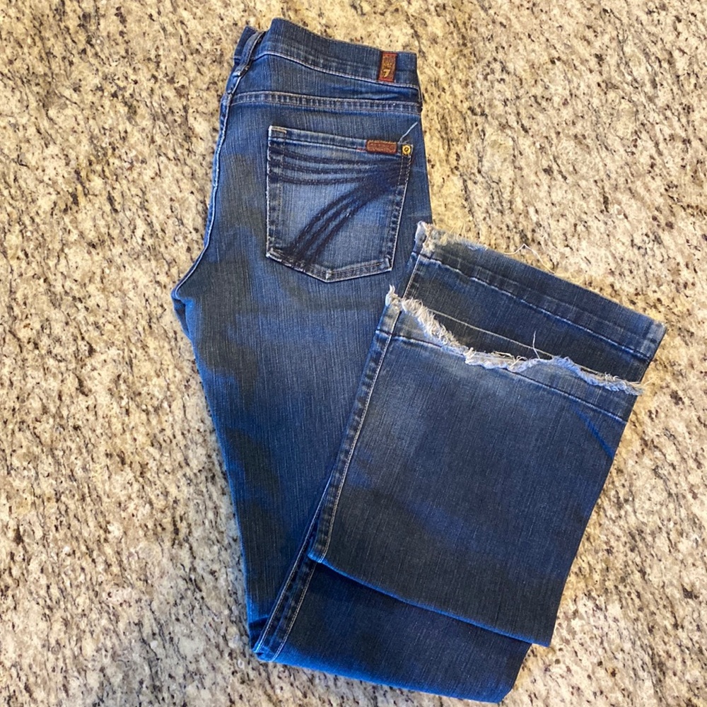 7 for all mankind dojo jeans size 30. Moderate wear on backside pant leg cuffs.
